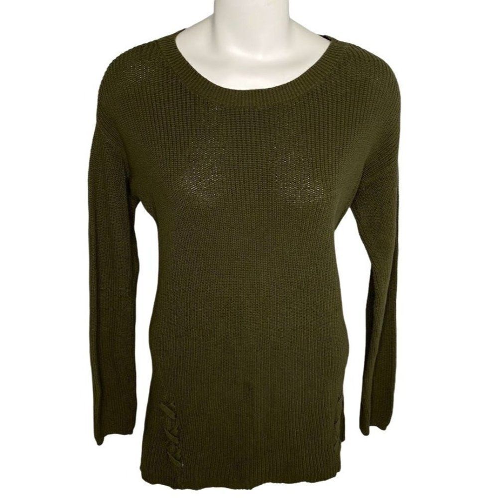 a.n.a. Tunic Sweater Top Women's SMALL Green Lace-Up Accent Long-Sleeve Relaxed